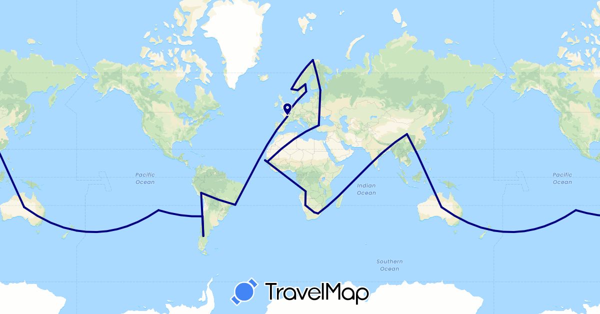 TravelMap itinerary: driving in Angola, Argentina, Australia, Brazil, Chile, China, France, Gambia, Lesotho, Namibia, Norway, Peru, Russia, Sweden, Senegal, Turkey, South Africa (Africa, Asia, Europe, Oceania, South America)